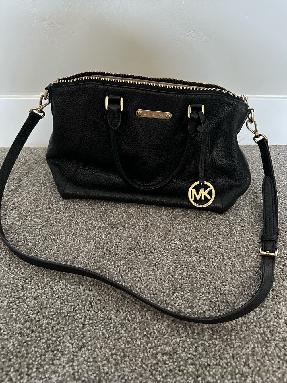 Michael Kors Black Leather Satchel with Gold Accents